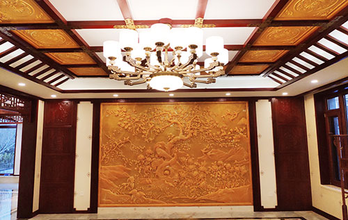 乌当中式别墅客厅中式木作横梁吊顶装饰展示